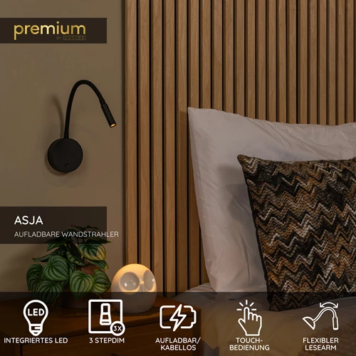 Lucide ASJA - wiederaufladbare Wandstrahler / Wandleuchte - Akku/Batterie - LED 3 StepDim - 1x3W 2700K - Schwarz | Premium - USP